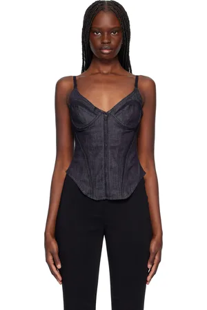 MUGLER Navy Mesh Corseted Raw Denim Top