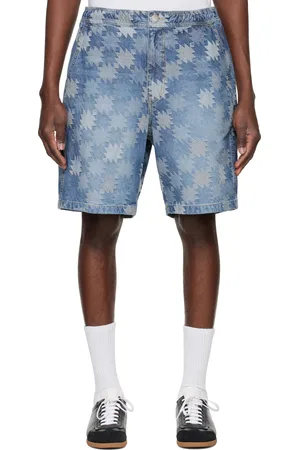 Solid Blue Graphic Pattern Denim Shorts