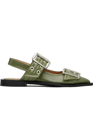 Ganni Khaki Feminine Buckle Ballerina Flats