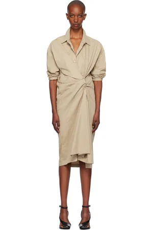 DRIES VAN NOTEN Beige Draped Cotton Midi Dress