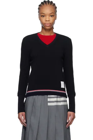 Thom Browne Navy Cotton Pique V-Neck Sweater