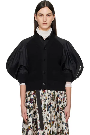 SACAI Black Nylon Twill x Knit Cardigan