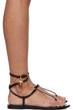 Tom Ford Black Shiny Leather Padlock Thong Sandals