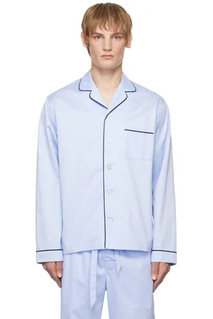 Tekla Blue Sateen Long-Sleeved Pyjama Shirt