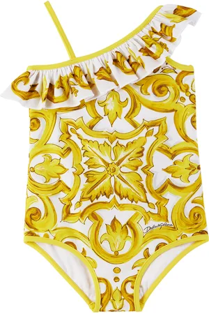 Dolce & Gabbana Kids White & Yellow Majolica Print Swimsuit