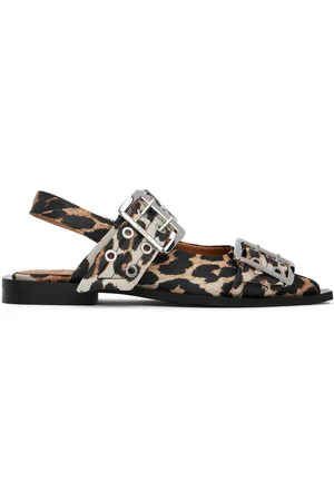 Ganni Beige & Black Leopard Satin Buckle Ballerina Flats