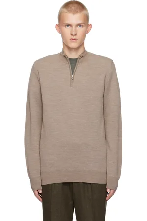 Sunspel Beige Merino Honeycomb Zip Neck Sweater