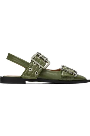 Ganni Khaki Feminine Buckle Ballerina Flats