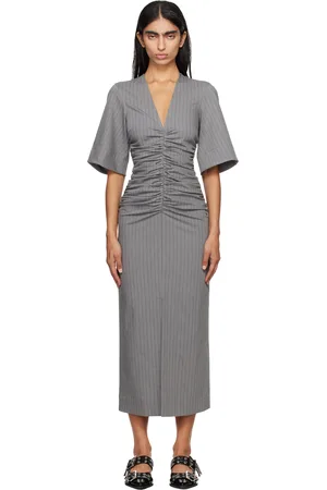 Ganni Gray Striped Suiting Midi Dress