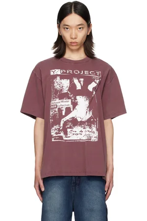 Y / PROJECT Burgundy Rock Band Print Pinched Logo T-Shirt