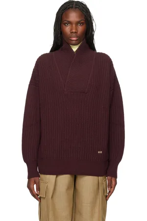 Victoria Beckham Burgundy Shawl Neck Knitted Sweater