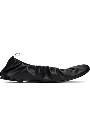 AMOMENTO Black Shirring Leather Ballerina Flats