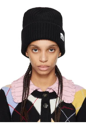 Ganni Black Oversized Wool Rib Knit Beanie