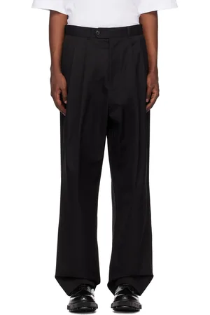 LOWNN Black Cotton Gabardine Double Pleated Wide Trousers
