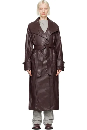OPEN YY Burgundy High Neck Collar Faux-Leather Trench Coat
