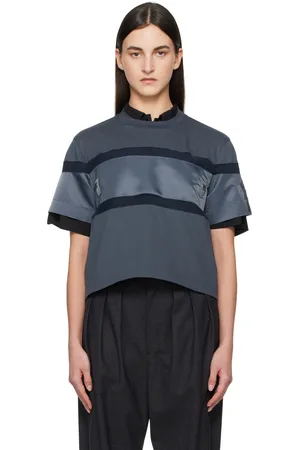 SACAI Gray Nylon Twill Mix Cotton Jersey T-shirt