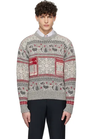 Thom Browne Gray & Red Holiday Hector Mohair Crew Neck Sweater