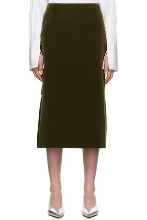 DRIES VAN NOTEN Khaki Velvet Tailored Midi Skirt