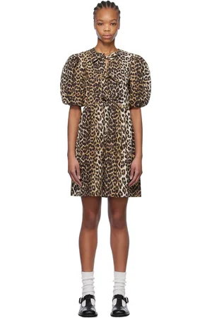 Ganni Brown Leopard Printed Cotton Tie String Minidress