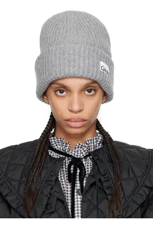 Ganni Gray Oversized Wool Rib Knit Beanie