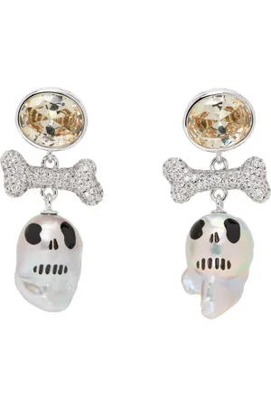 Jiwinaia Silver & White Skull Pearl Drop Earrings