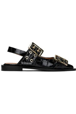 Ganni Black Croco Patent Buckle Ballerina Flats