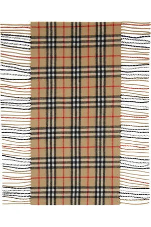 Burberry Beige Check Cashmere Fringed Scarf