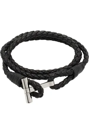 Tom Ford Black Braided T Leather Bracelet