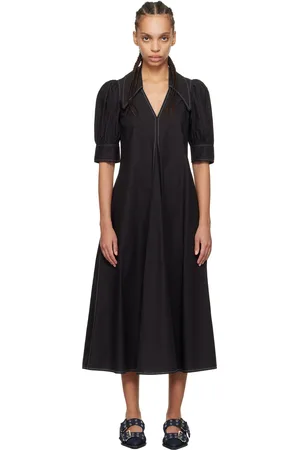 Ganni Black Cotton Poplin V-Neck Midi Dress