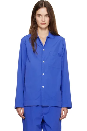 Tekla Blue Poplin Long-Sleeved Pyjama Shirt