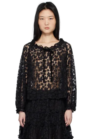 Anna Sui Black Shadow Blossom Elastic Lace Blouse