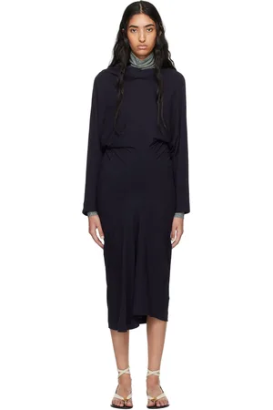 DRIES VAN NOTEN Navy Ribbed Midi Dress