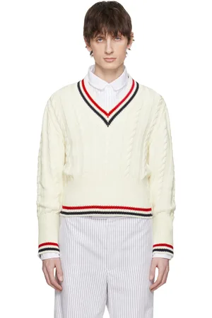 Thom Browne White Baby Cable Classic V Neck Sweater
