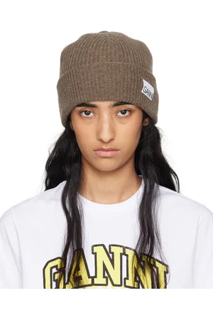 Ganni Taupe Fitted Wool Rib Knit Beanie