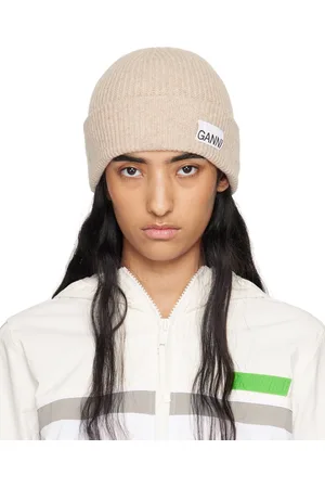 Ganni Beige Fitted Wool Rib Knit Beanie