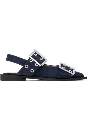 Ganni Navy Denim Feminine Buckle Ballerina Flats