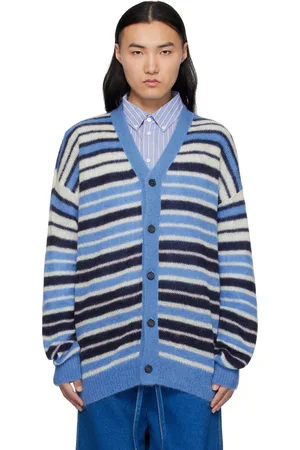 Marni Blue & Black Lightweight Fuzzy Wuzzy Stripe Cardigan