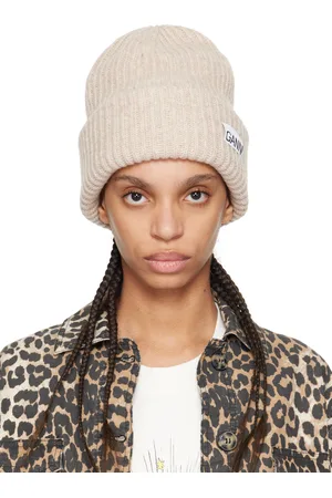Ganni Beige Oversized Wool Rib Knit Beanie