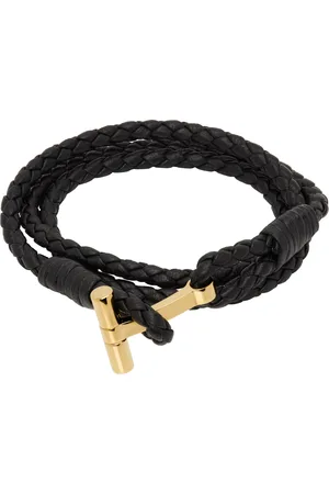 Tom Ford Black Braided T Leather Bracelet