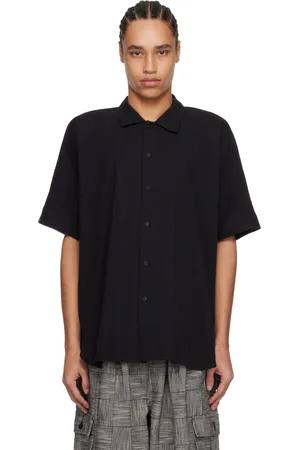 JAN JAN VAN ESSCHE Black O-Project Cotton Linen Seersucker Short Sleeve Shirt