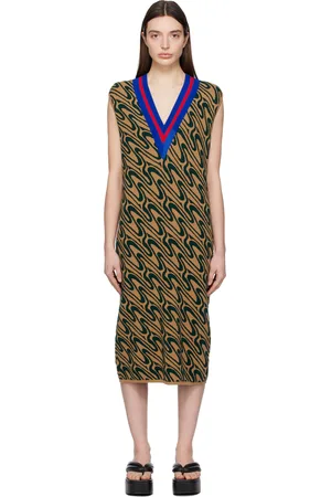 DRIES VAN NOTEN Tan & Green Jacquard Midi Dress