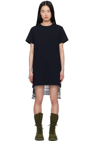 SACAI Black & Green Plaid Print Cotton Jersey Minidress