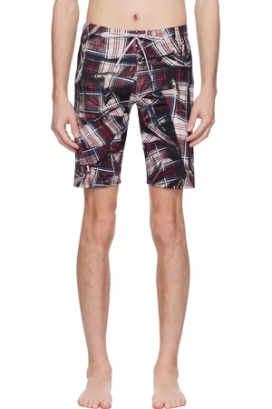 Vivienne Westwood Red & Black Draped Tartan Fitted Swim Shorts