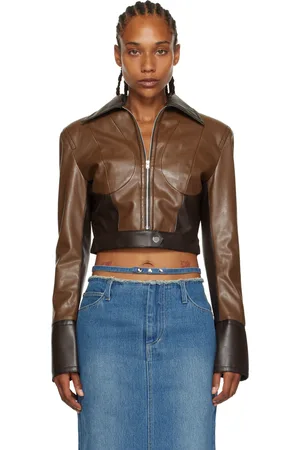 Juneyen Brown Paneled Faux-Leather Bomber Jacket