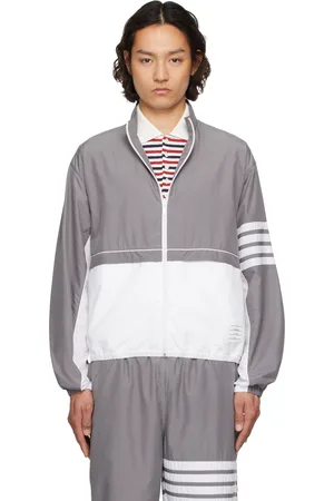 Thom Browne Gray & White Ripstop 4-Bar Color Block Windbreaker Jacket