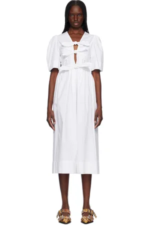 Ganni White Stretch Cotton Tie Strap Midi Dress