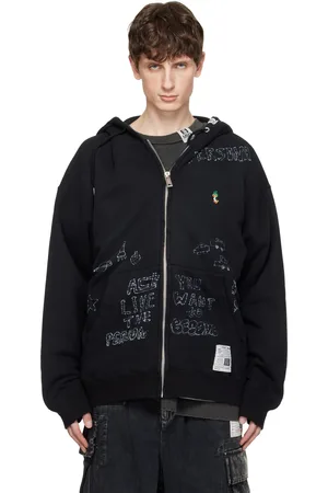 Maison Mihara Yasuhiro Black Distressed Graffiti Print Zip-Up Hoodie