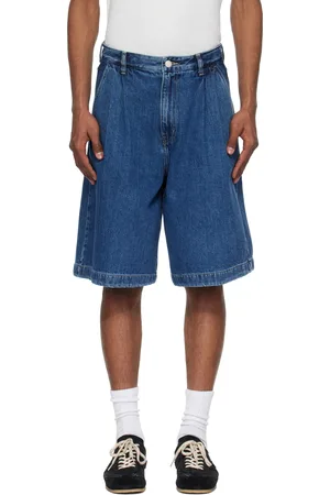 Solid Blue Pleated Denim Shorts