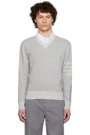 Thom Browne Gray Textured Striped Stitch Linen Cotton V Neck Sweater