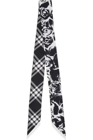 Burberry Black & White Skinny Reversible Rose Silk Scarf
